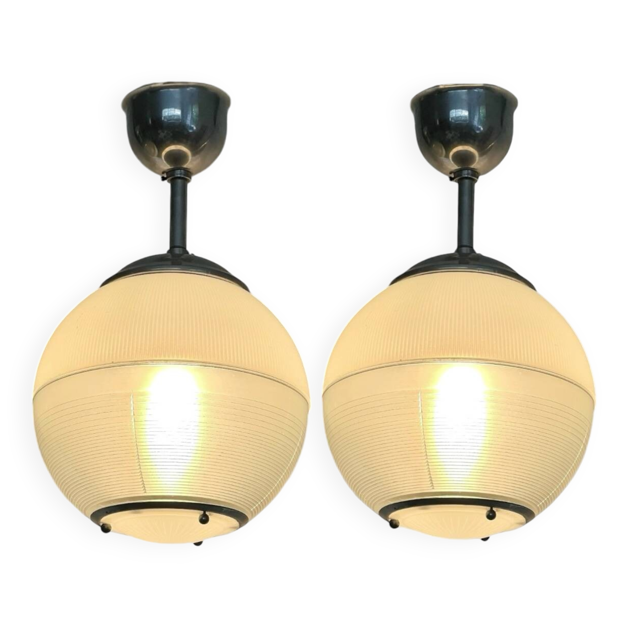 Pair of Holophane industrial design ball pendant lights