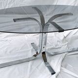Oval glass coffee table smoked glass chromed metal