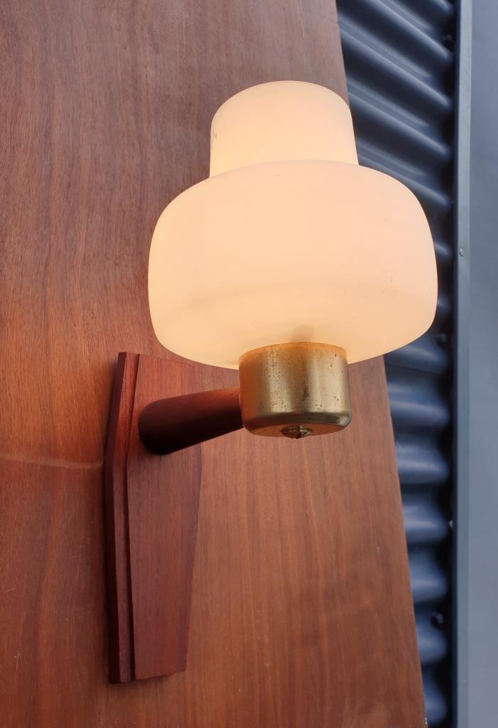 Scandinavian tea towel lamp teak and opaline circa 1960