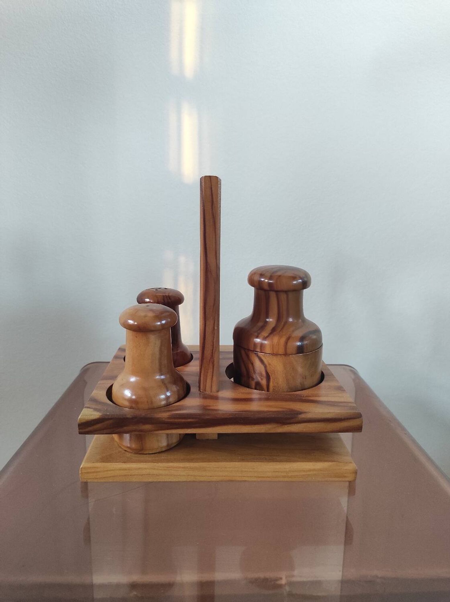 Vintage olive wood condiment service