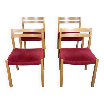 Set of 4 Moller chairs oak red fabric Denmark 1970s