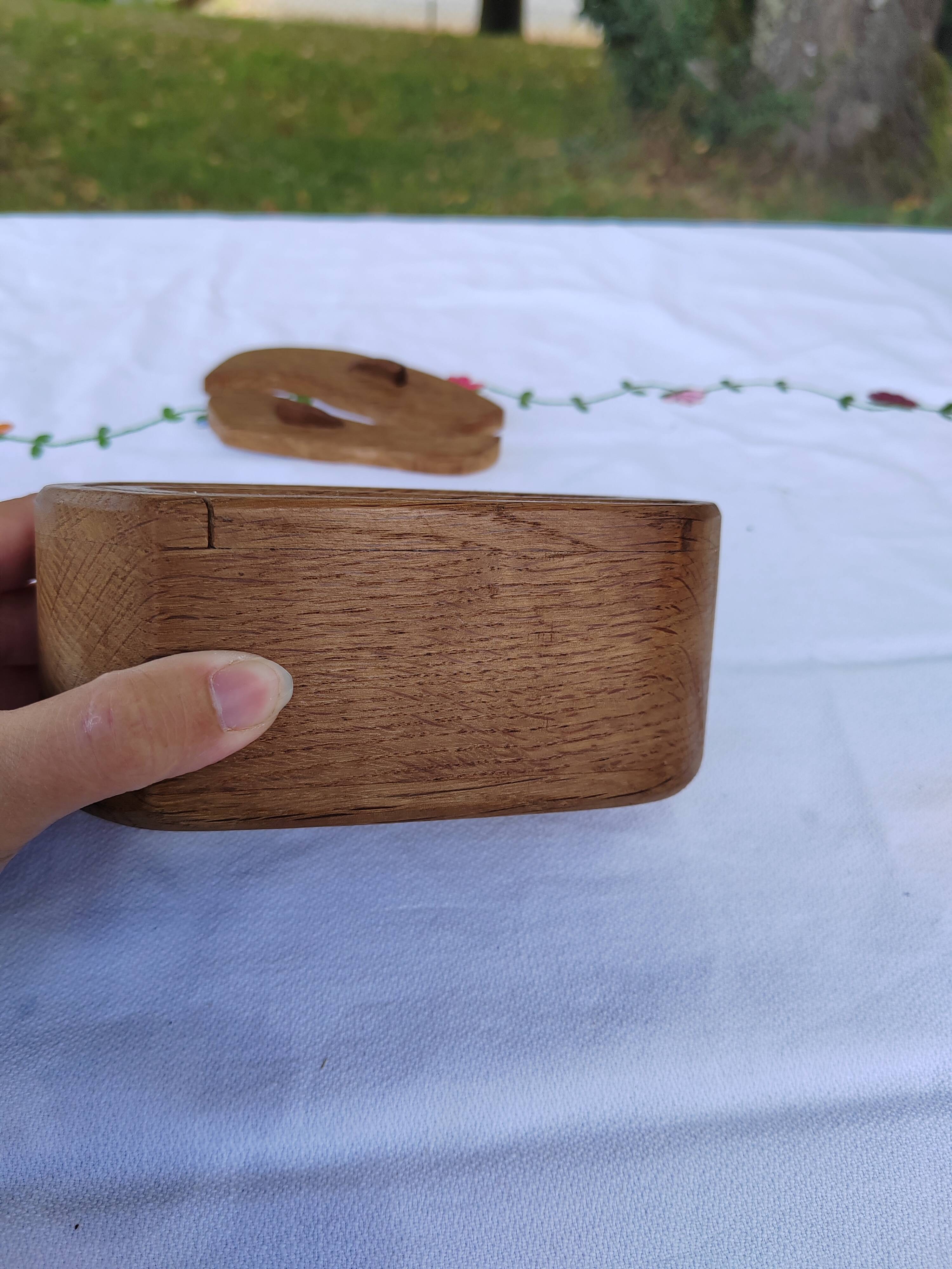 Carved wooden box in the shape of a small piece of furniture - handmade