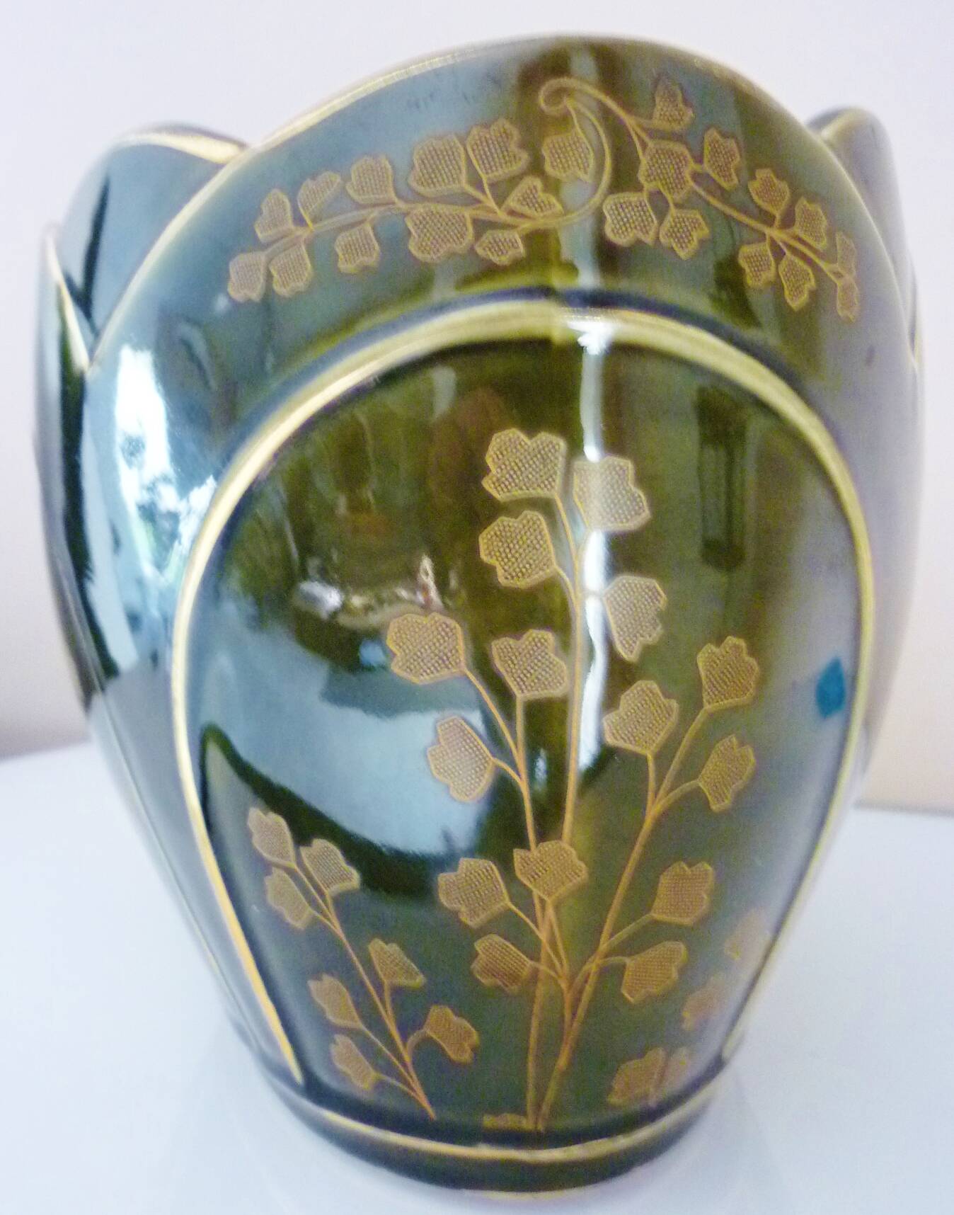 Planter, art nouveau, iris, enameled ceramic, signed Gustave De Bruyn, Fives-Lille