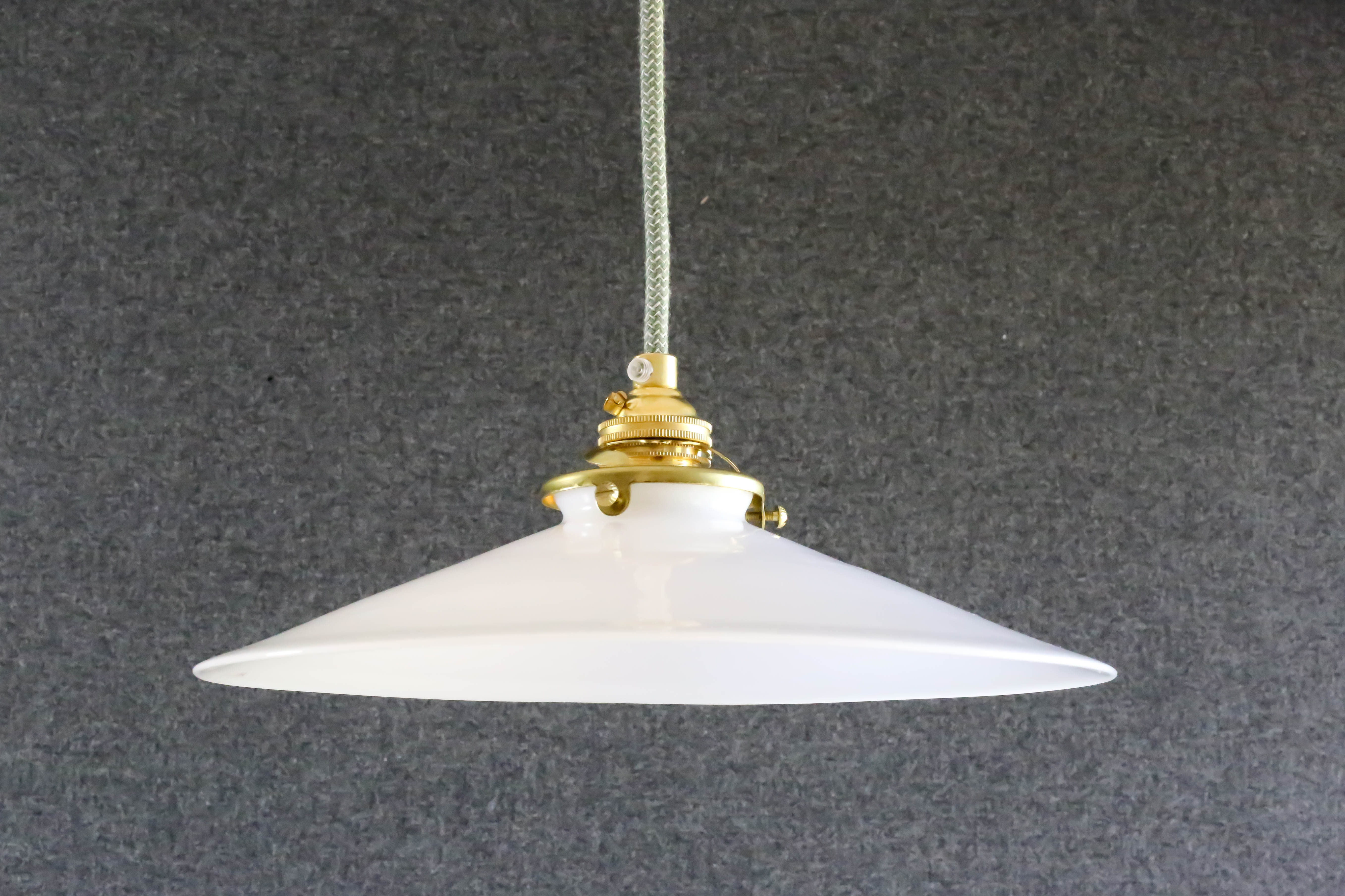 Smooth white opaline pendant lamp comes with a new cable and new brass socket