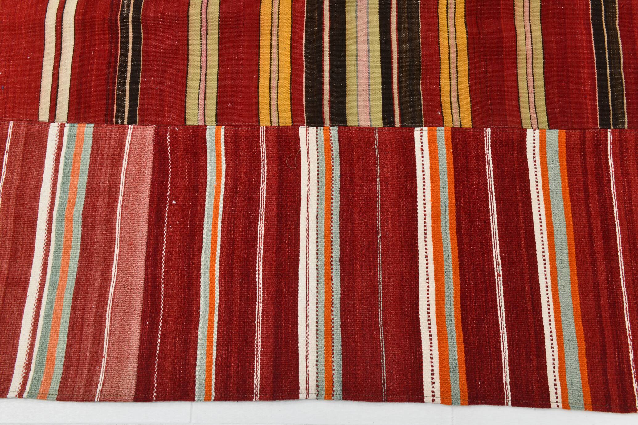 Red & Green Striped Pattern Turkish Kilim Rug, 270x383Cm