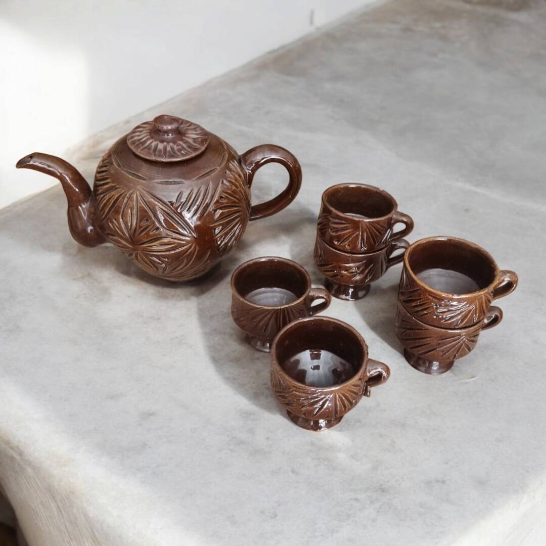 Brown glazed terracotta coffee service