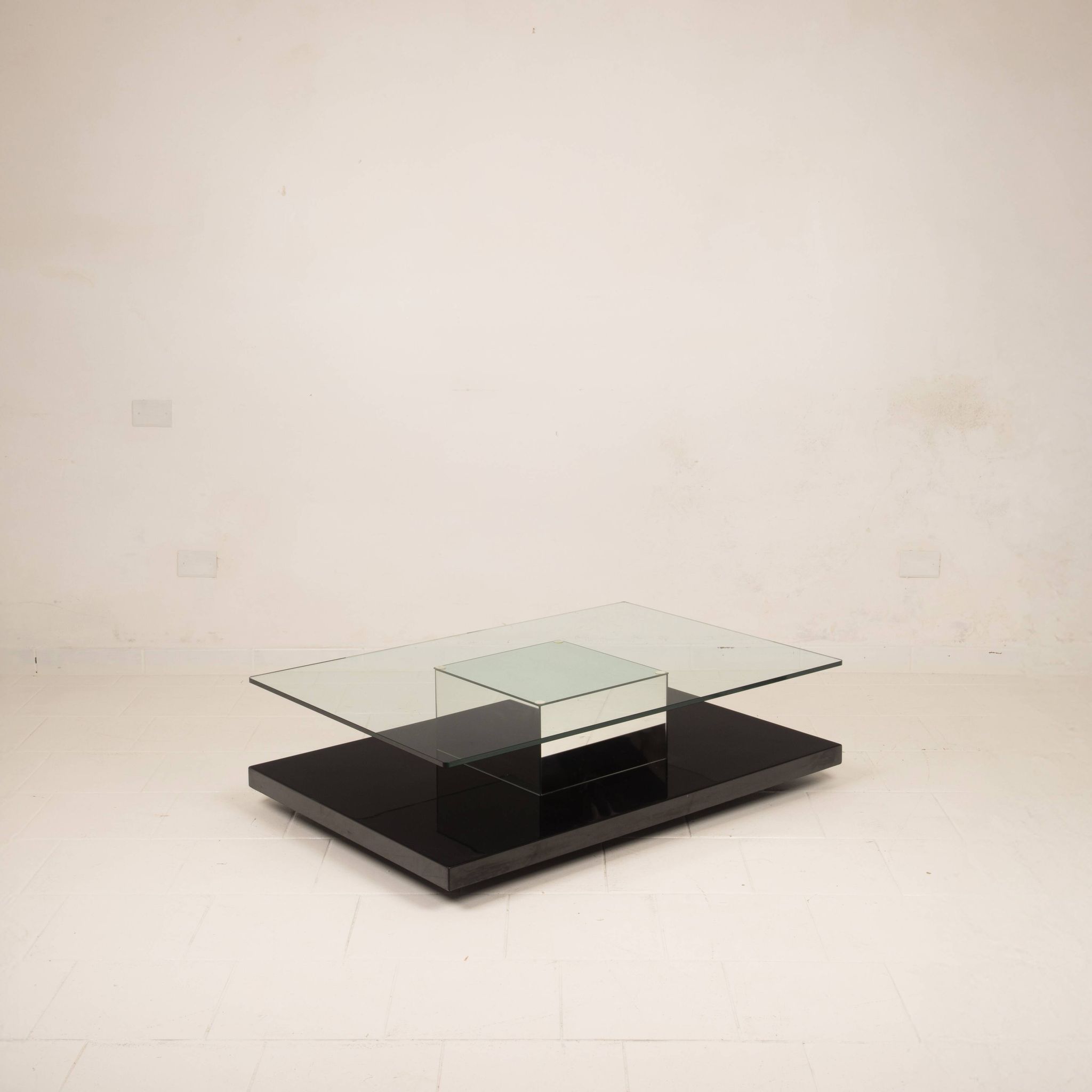Cidue Mid Century Italian Black Lacquer, Mirror and Glass Coffee Table 1970