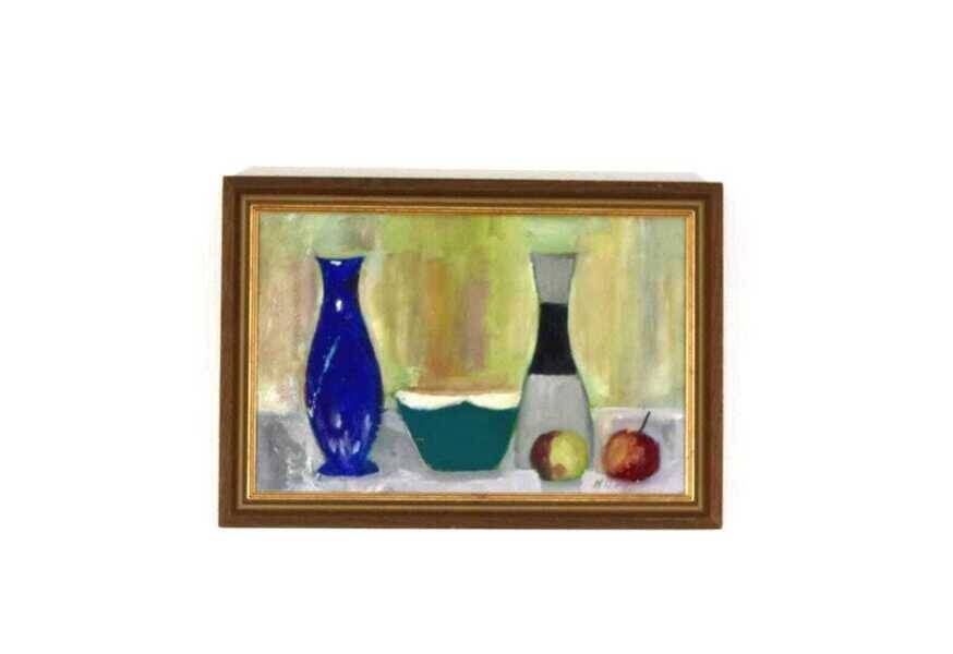 Original Mid Century  Oil on Canvas – “Bowl, Vase and Fruit” by K. W. N.