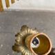 Vintage brass onyx floor lamp with fringed shade.
