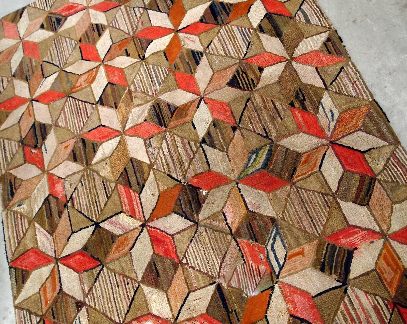 Handmade antique American Hooked geometric rug 4.8' x 7.7' (146cm x 234cm) 1900s - 1B654