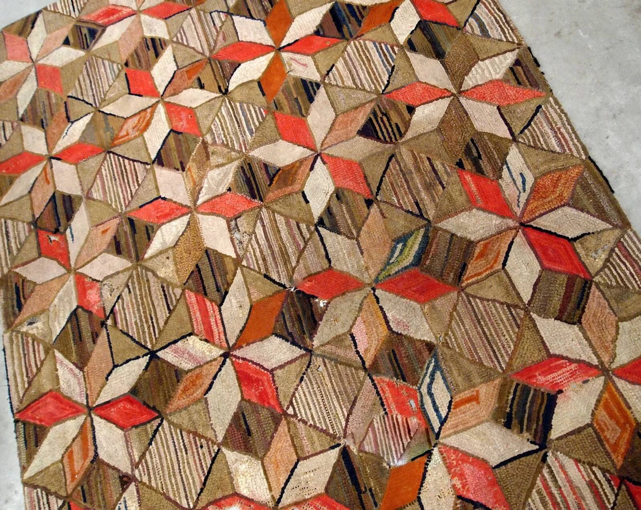 Handmade antique American Hooked geometric rug 4.8' x 7.7' (146cm x 234cm) 1900s - 1B654
