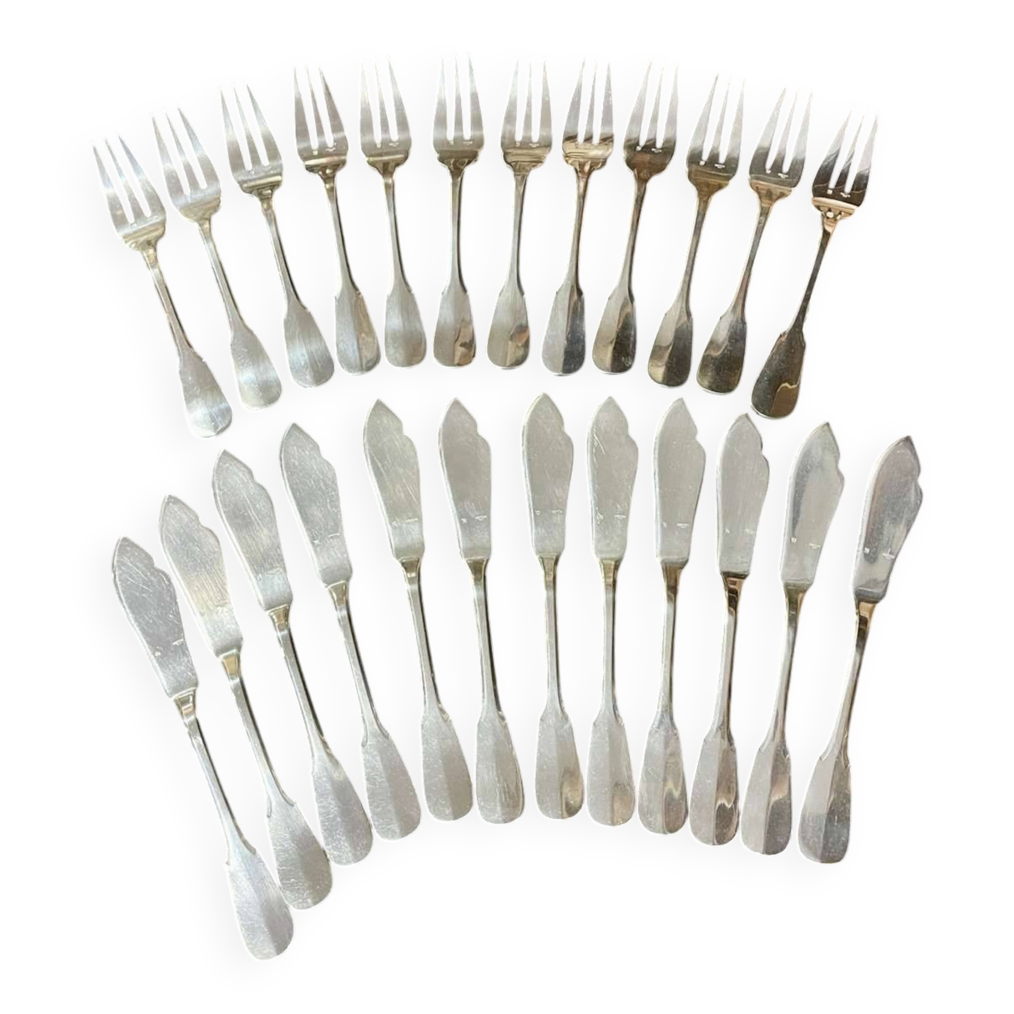 Set of 12 ERCUIS fish forks and 12 fish knives, Vieux Paris model