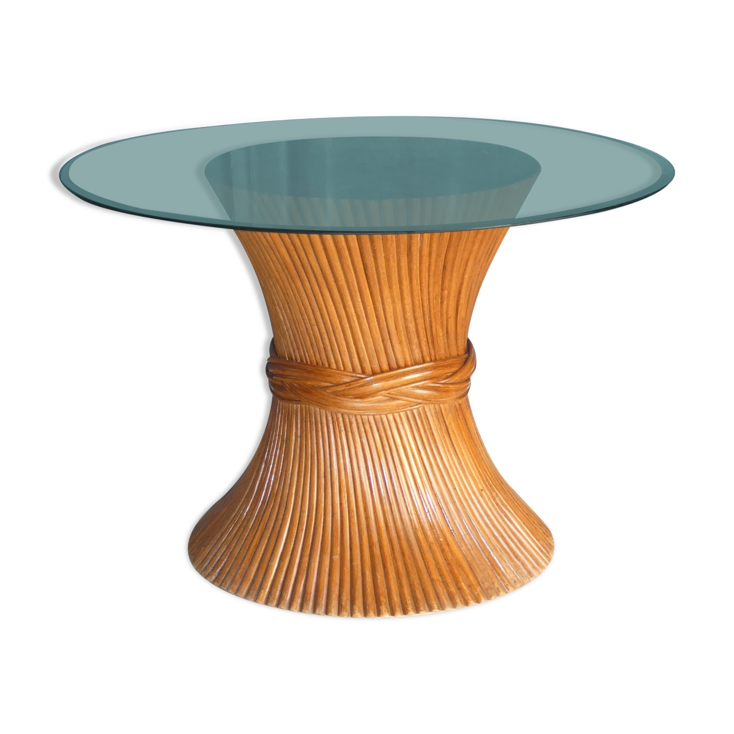 Round Dining Table McGuire Central Foot Bamboo "Wheat Sheaf" / Glass Tray, USA 1970