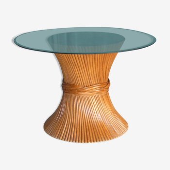 Table à manger ronde mcguire pied central bambou "gerbe de blé" / plateau verre, etats-unis 1970