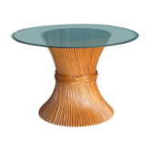 Table à manger ronde mcguire pied central bambou "gerbe de blé" / plateau verre, etats-unis 1970