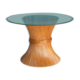 Table à manger ronde mcguire pied central bambou "gerbe de blé" / plateau verre, etats-unis 1970