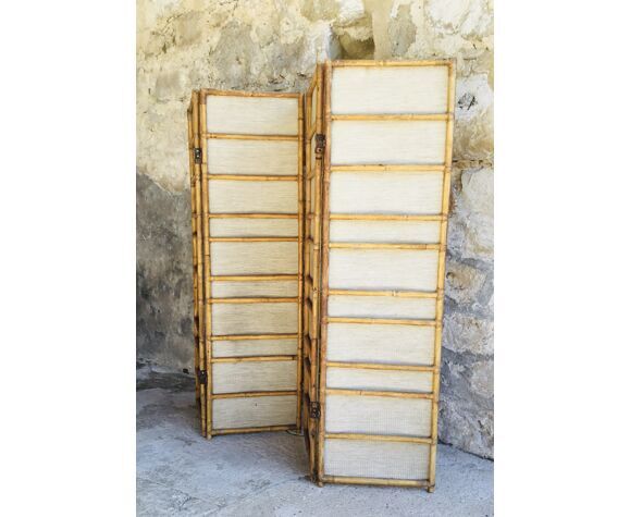 Vintage screen with 4 leaves in bamboo and woven rattan - 1950