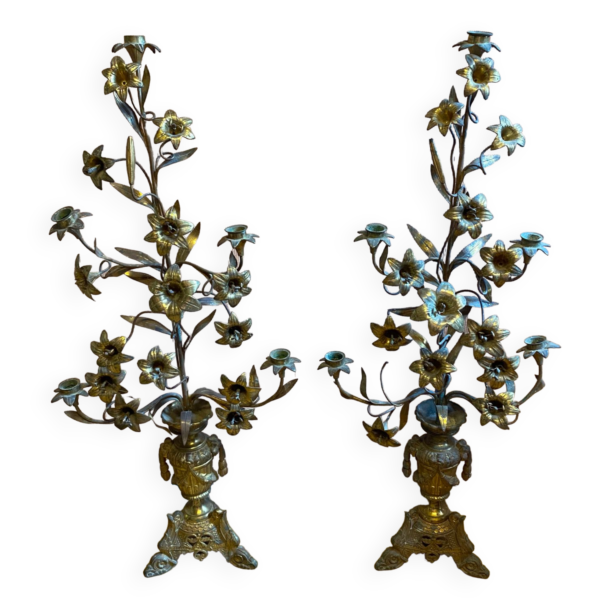 Pair of gilded bronze church candelabras.