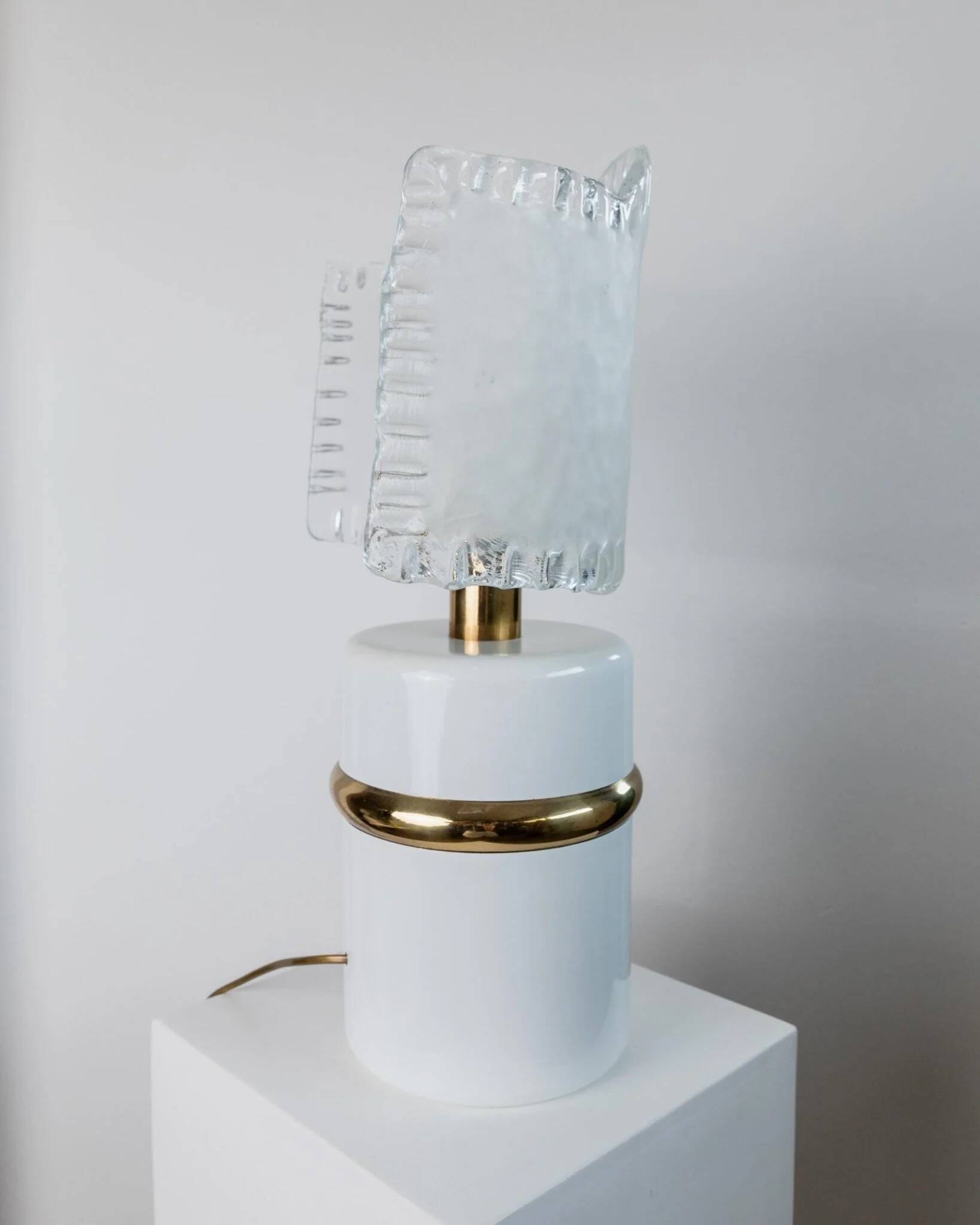 Vintage Murano glass table lamp – white, gold metal base, frosted glass shade – Italy 1980s