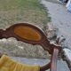 Fauteuil trône mid-century marron et jaune paille en hêtre et tissu d'ameublement, années 1950