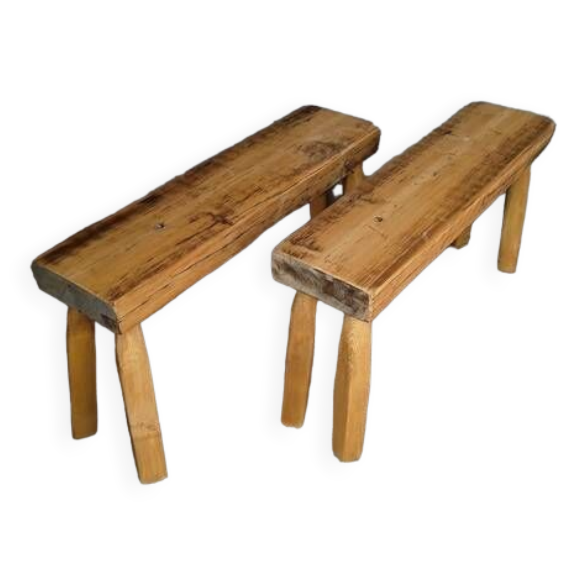 Pair of 2 patinated solid wood benches / stools