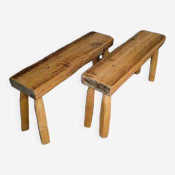 Pair of 2 patinated solid wood benches / stools