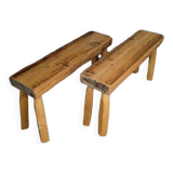 Pair of 2 patinated solid wood benches / stools