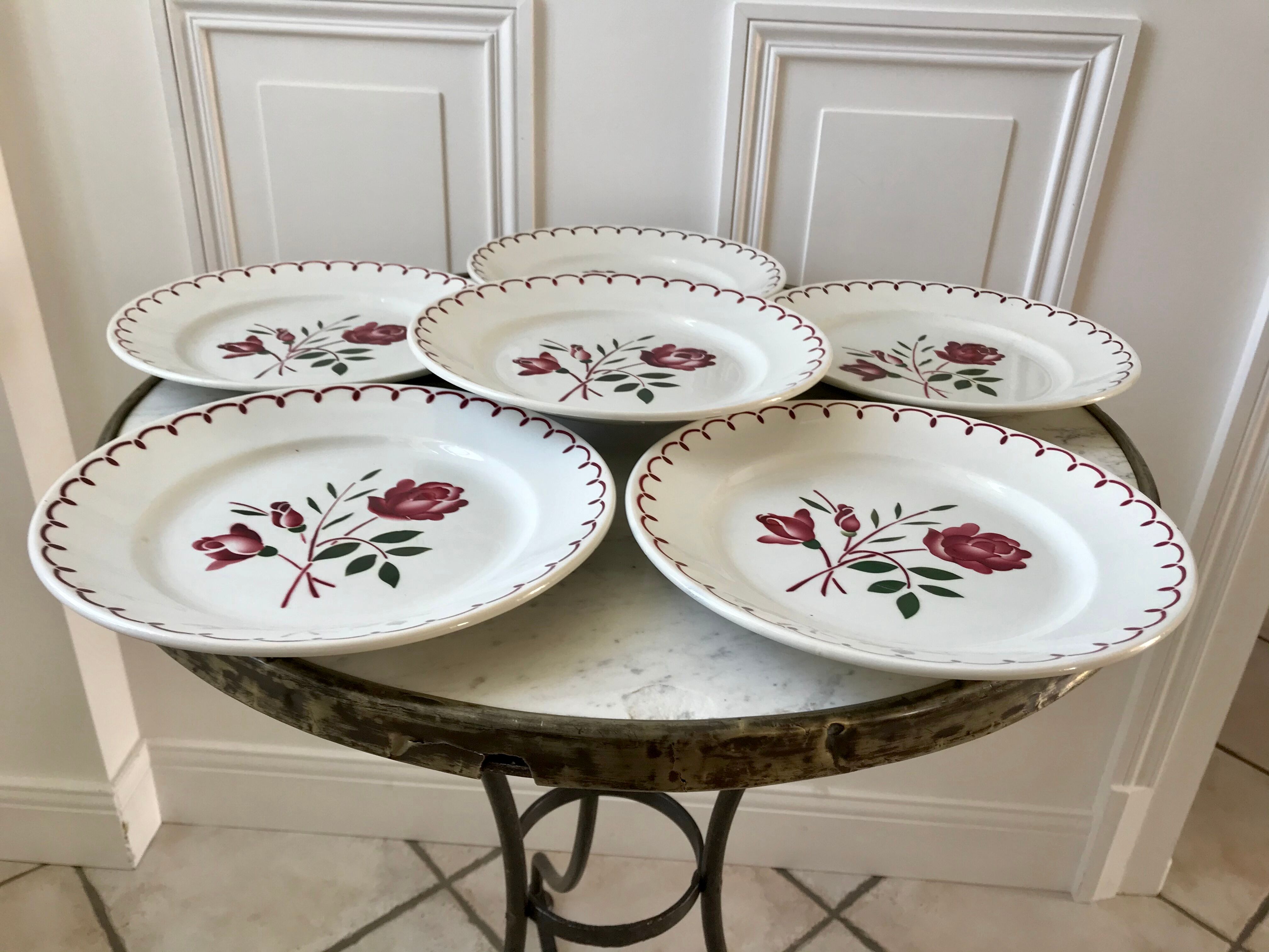 Set of 6 flat flower plates Badonviller 30s