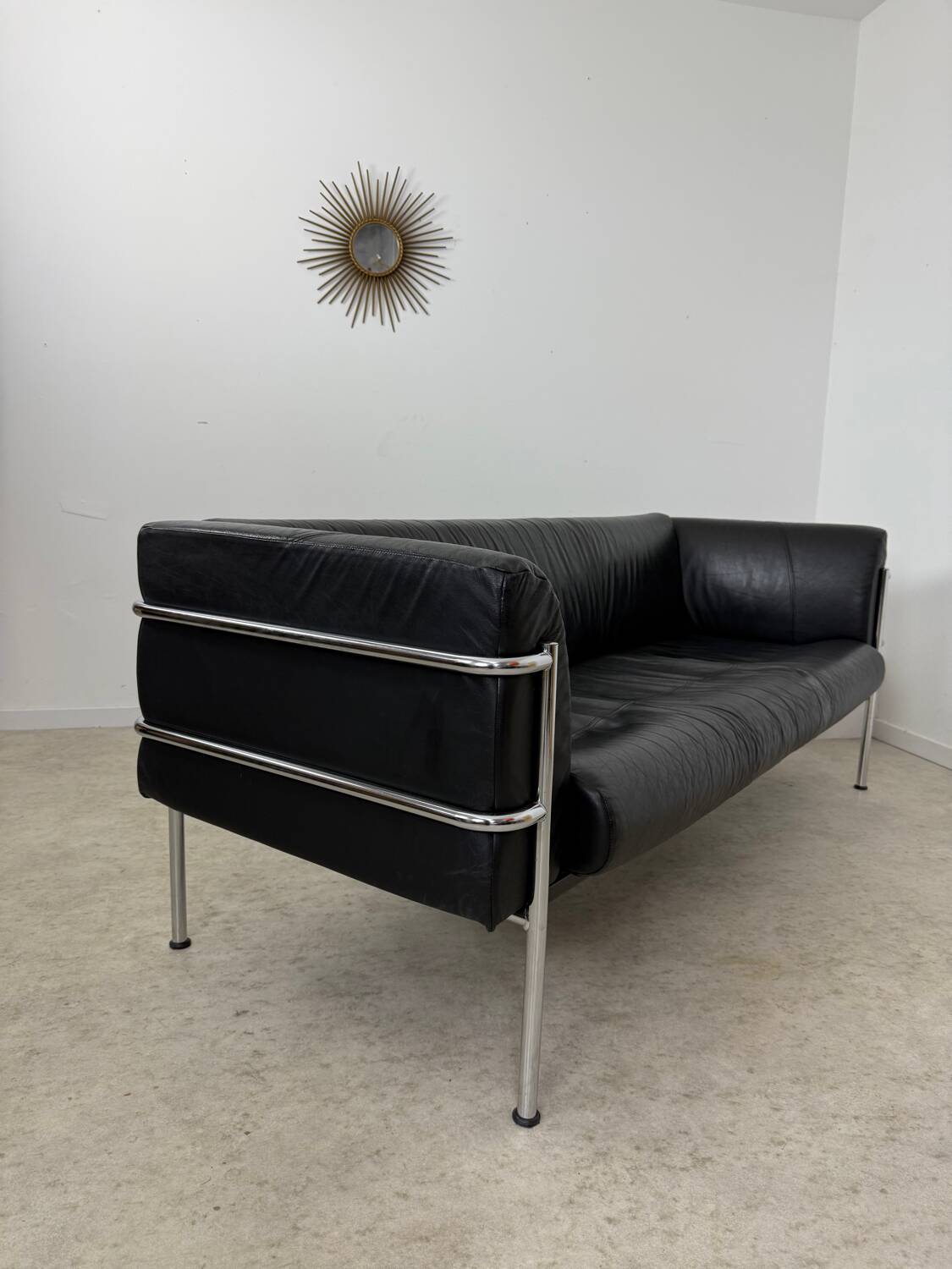 Old 3-seater sofa in tubular and black leather by Kébé, Denmark 1970s