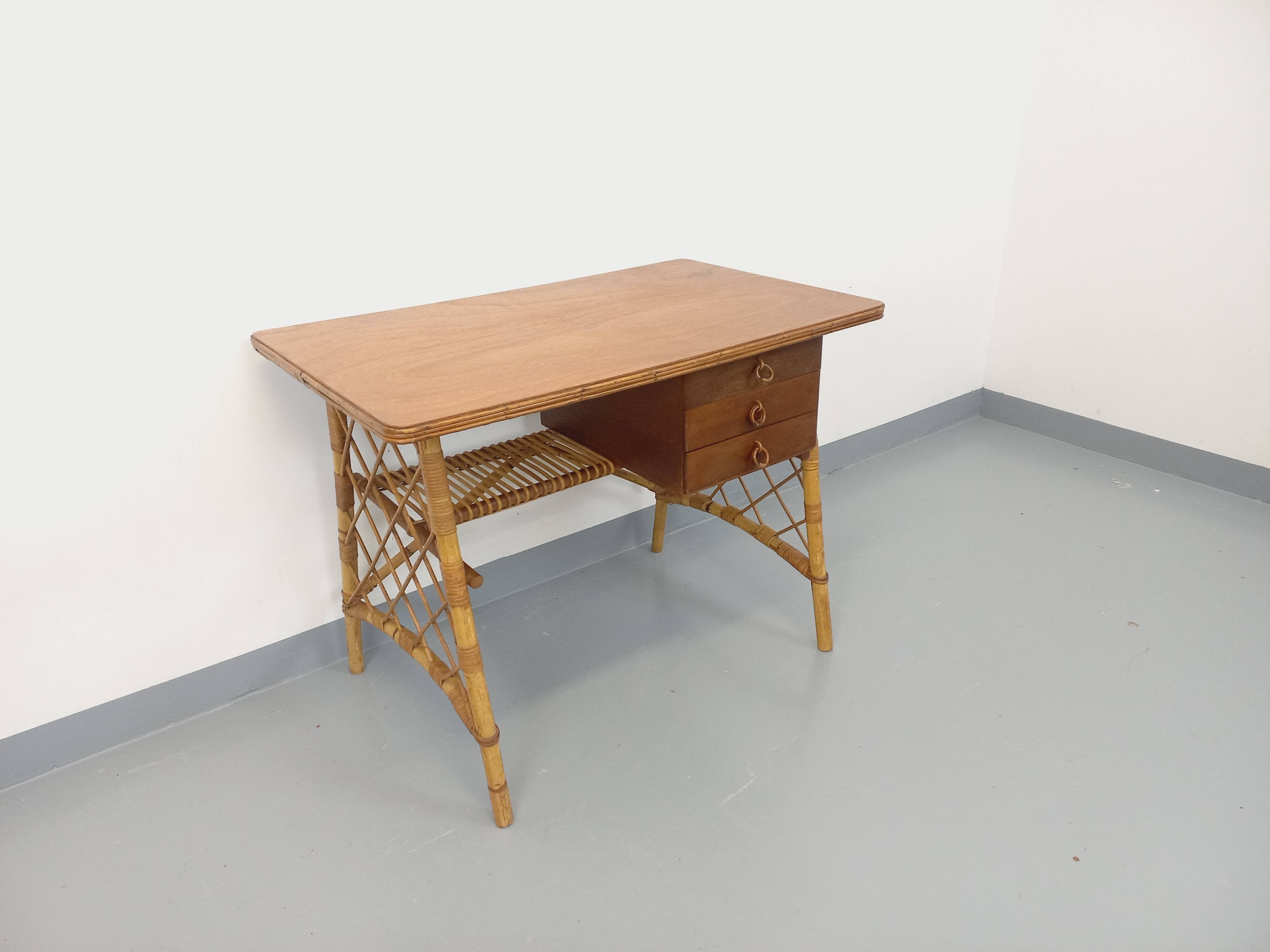 Vintage Louis Sognot desk in rattan and wood from the 1960s