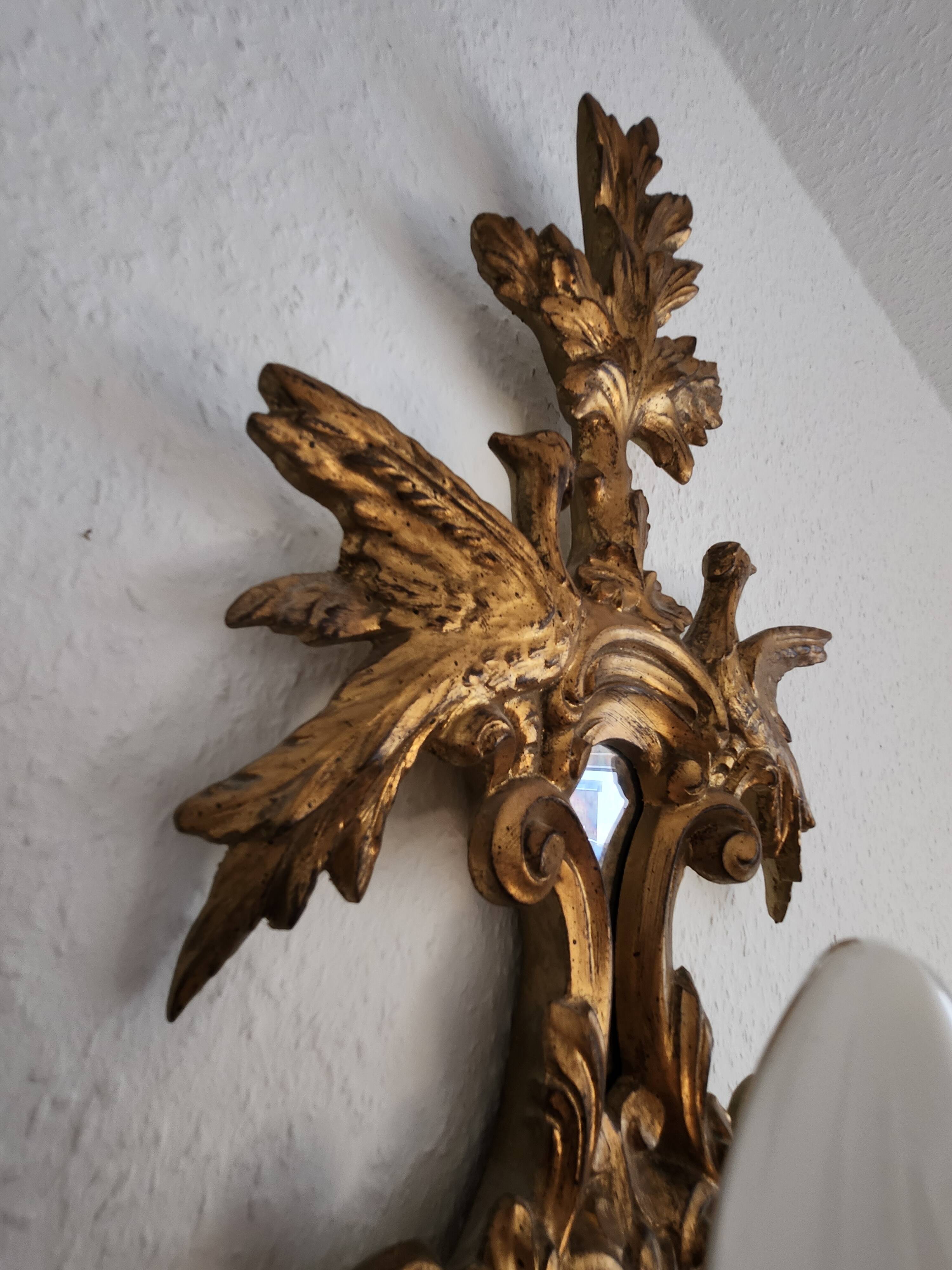 Louis XVI wall lamps Rocaille gilded carved wood antique mirror glass