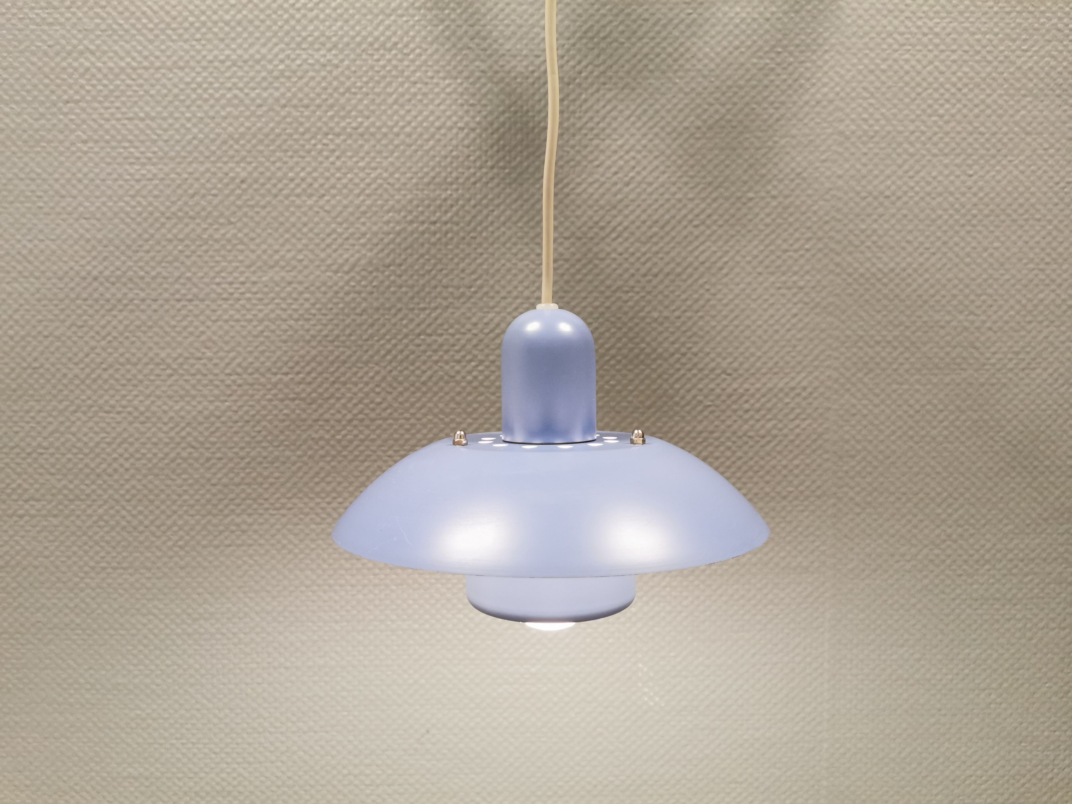Classic small Danish hanging lamp, produced by Form-Light in the 1980s. Light purple color