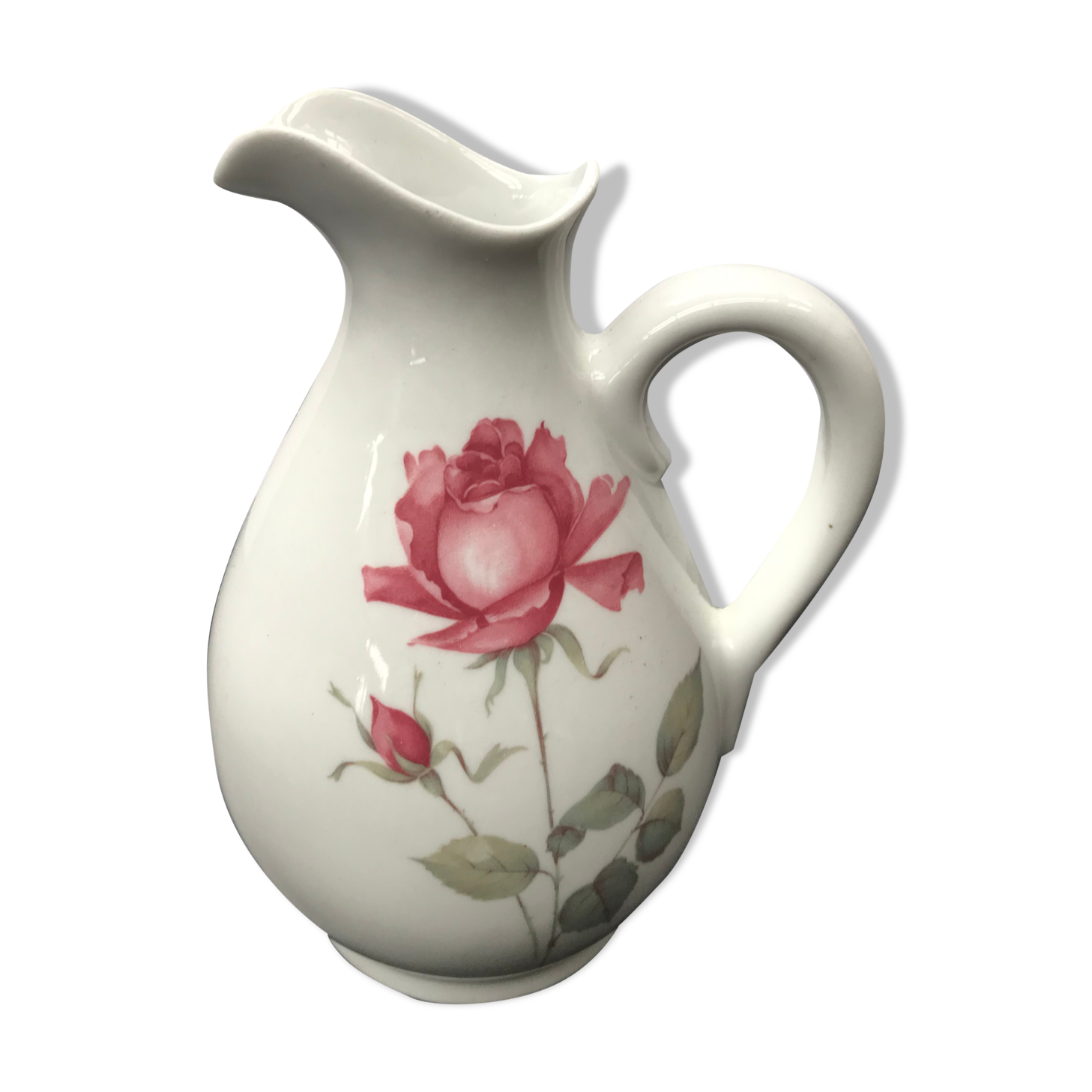 Pichet Longchamps porcelaine  blanche avec décor roses vintage
