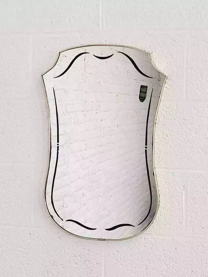 Free-form 60s screen-printed rearview mirror on gold frame