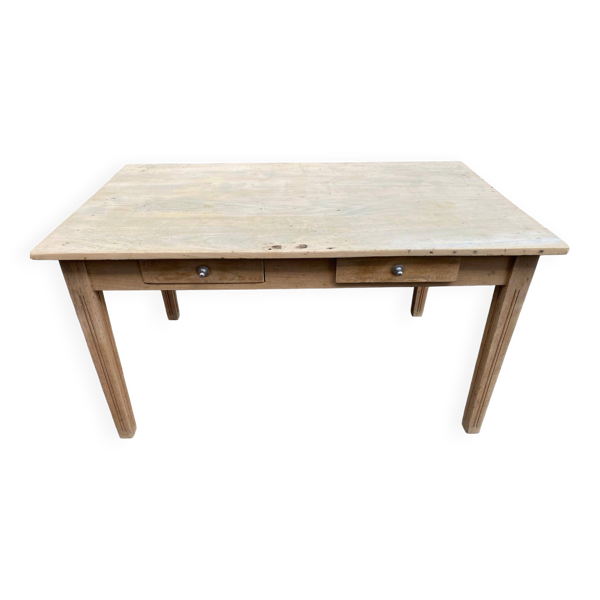 Table de ferme rénovée en bois massif brut à 2 tiroirs 1920 140x80cm