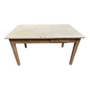 Renovated farmhouse table in raw solid wood with 2 drawers, 1920, 140x80cm.