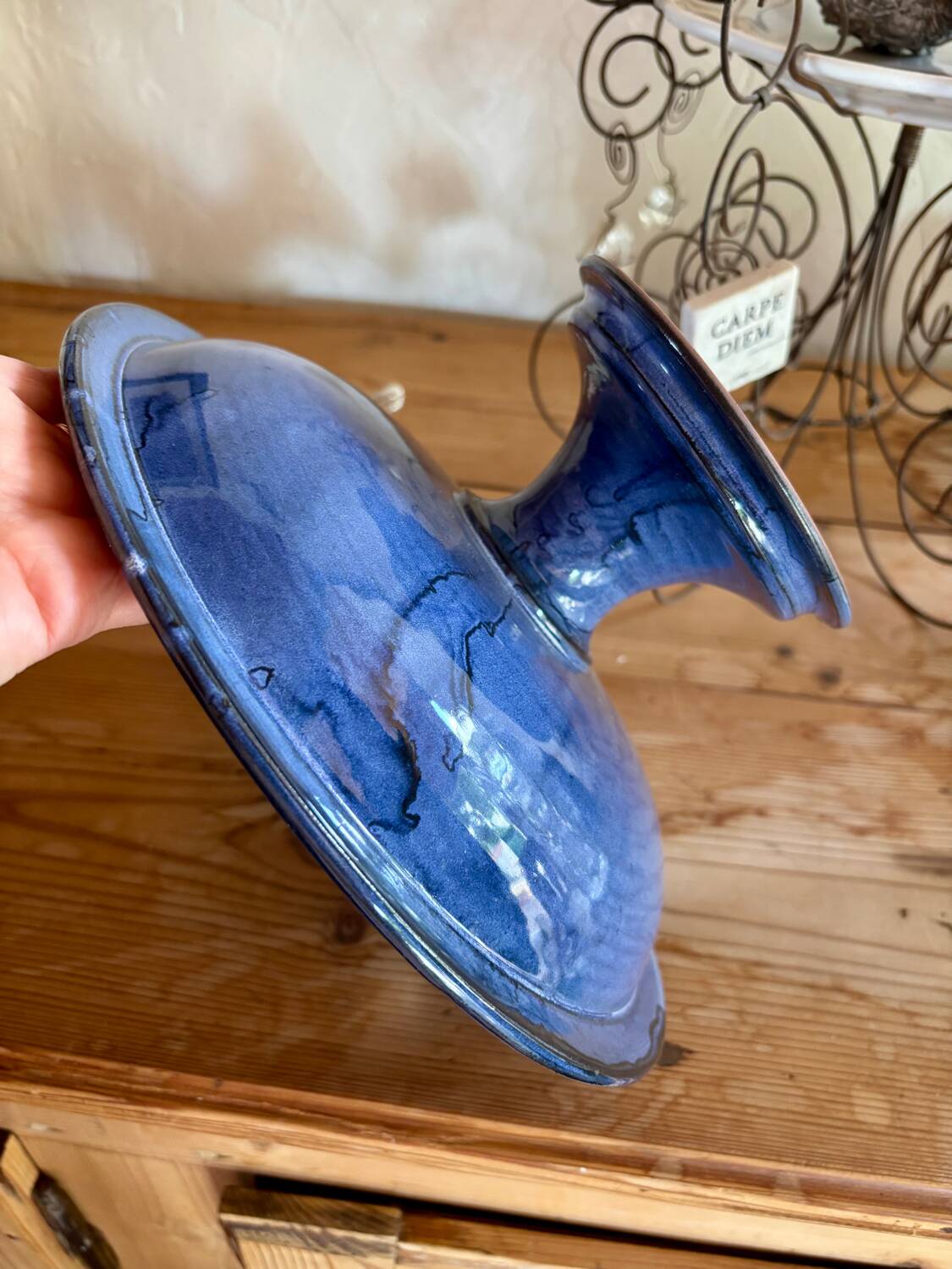 Vintage blue fruit bowl 1980s enamelled stoneware