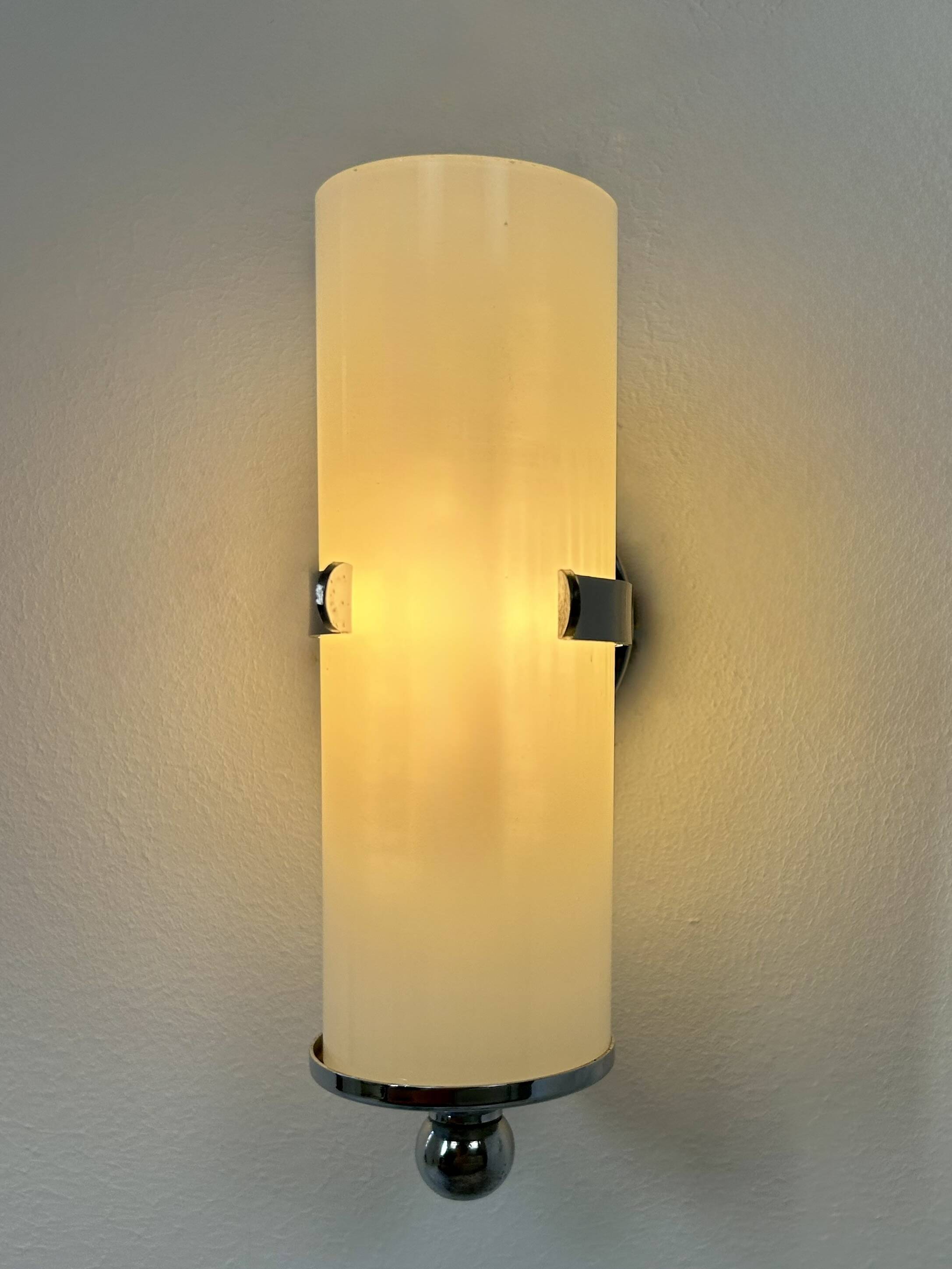 Pair of vintage wall lights, chrome and opaline, France, 1970.