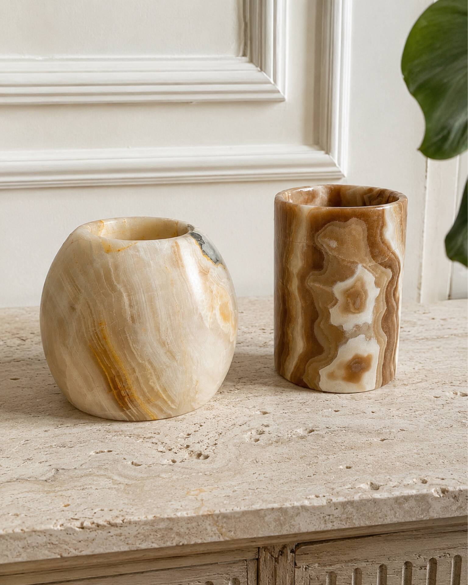 Pair of natural onyx candle holders