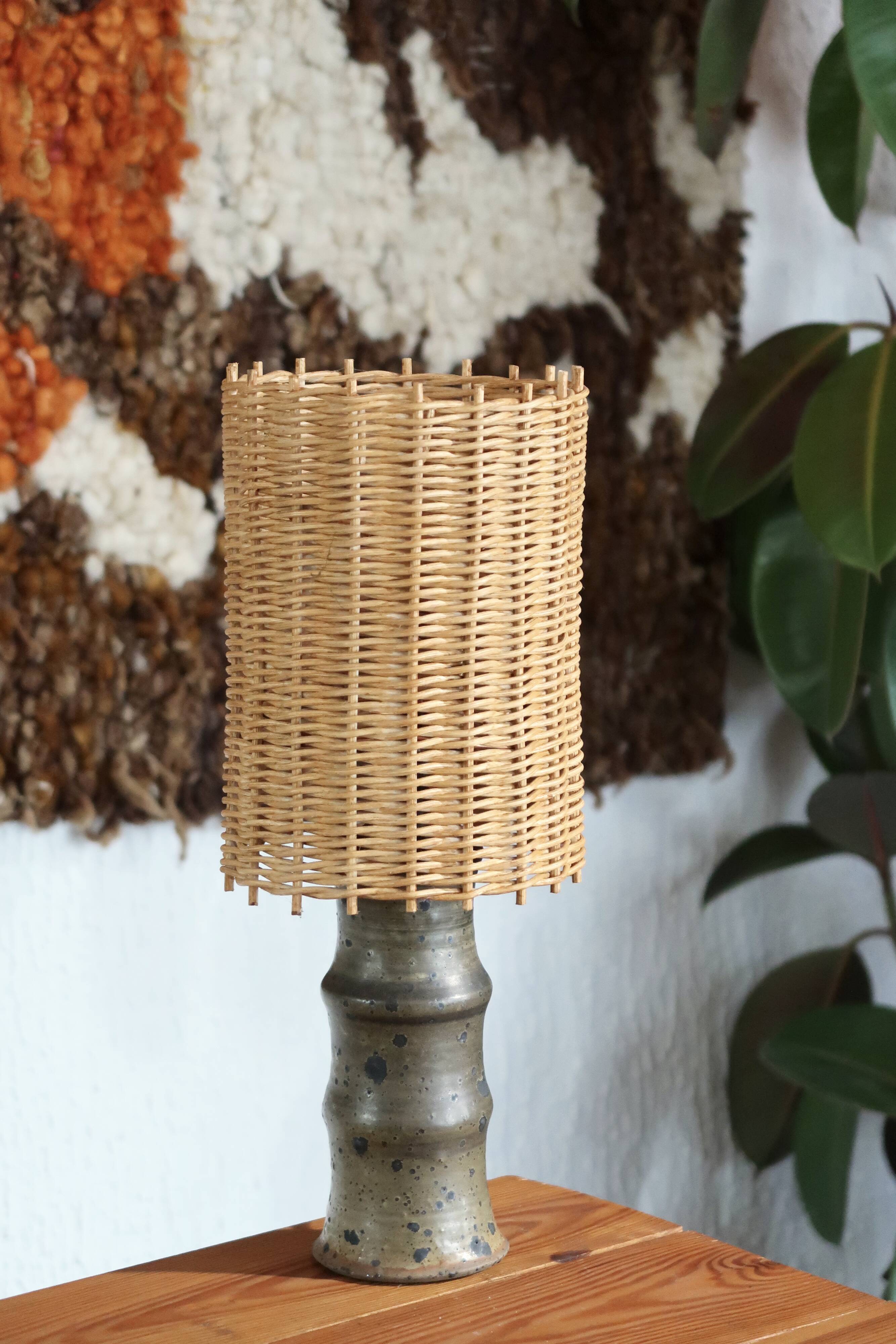 Stoneware lamp signed Rouard, wicker lampshade, 50s