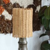 Stoneware lamp signed Rouard, wicker lampshade, 50s