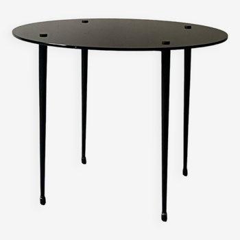 table basse vintage ronde en verre noir, 1950