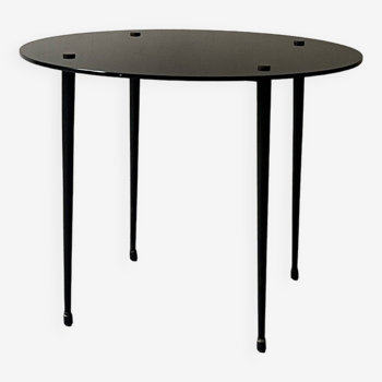 Vintage round black glass coffee table, 1950s