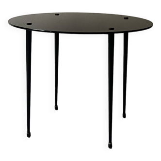 Vintage round black glass coffee table, 1950s