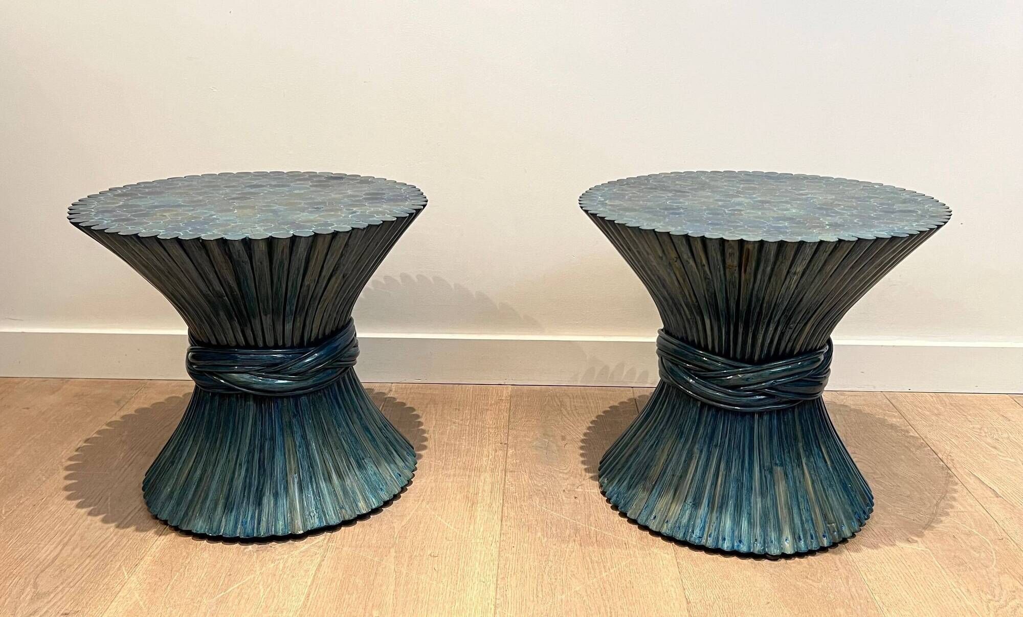 Pair of Bamboo Side Tables in the Shape of a Wheat Sheaf. Turquoise Lacquered.