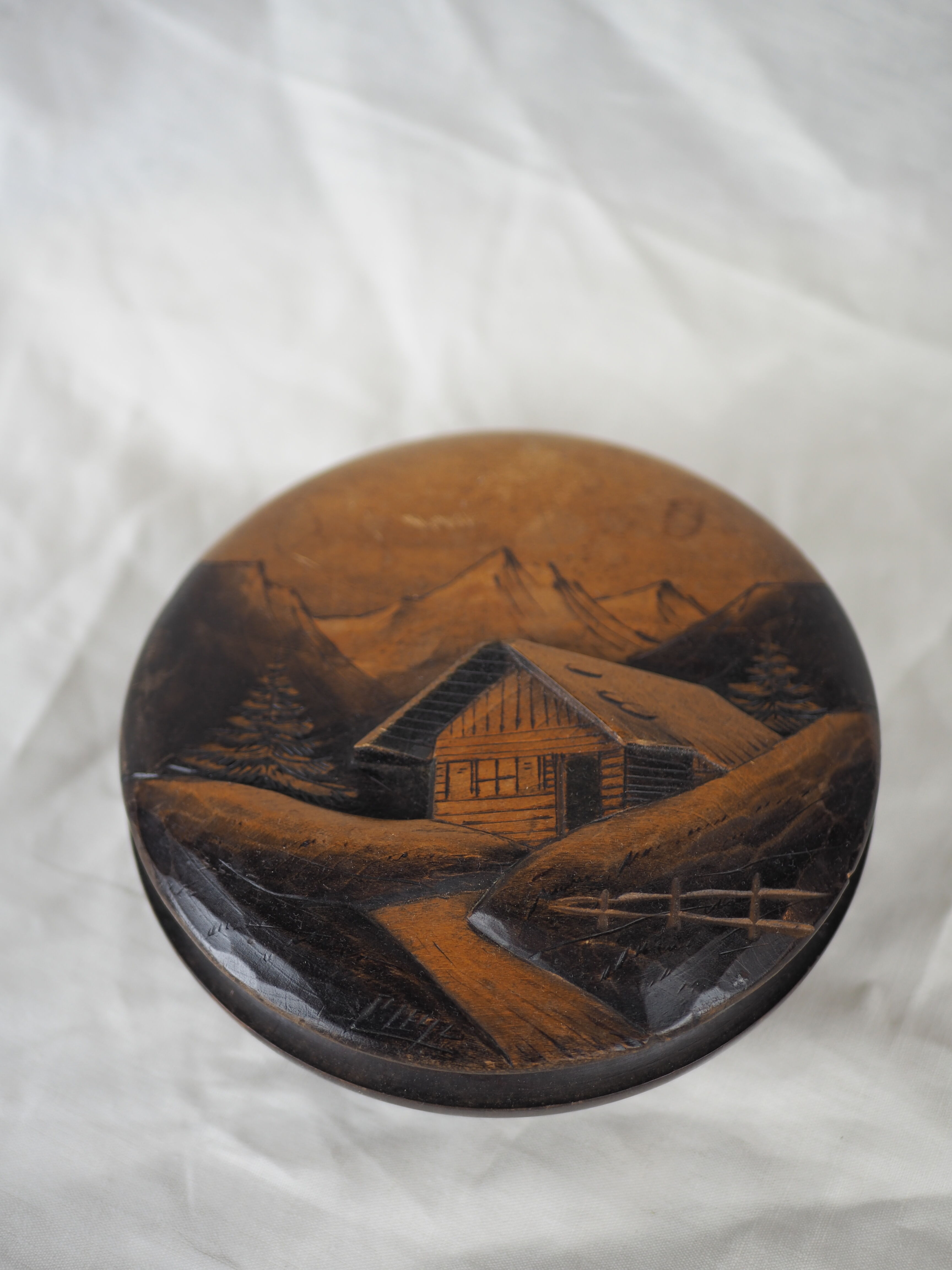 Large blackened wooden box mountain landscape folk art early / mid twentieth