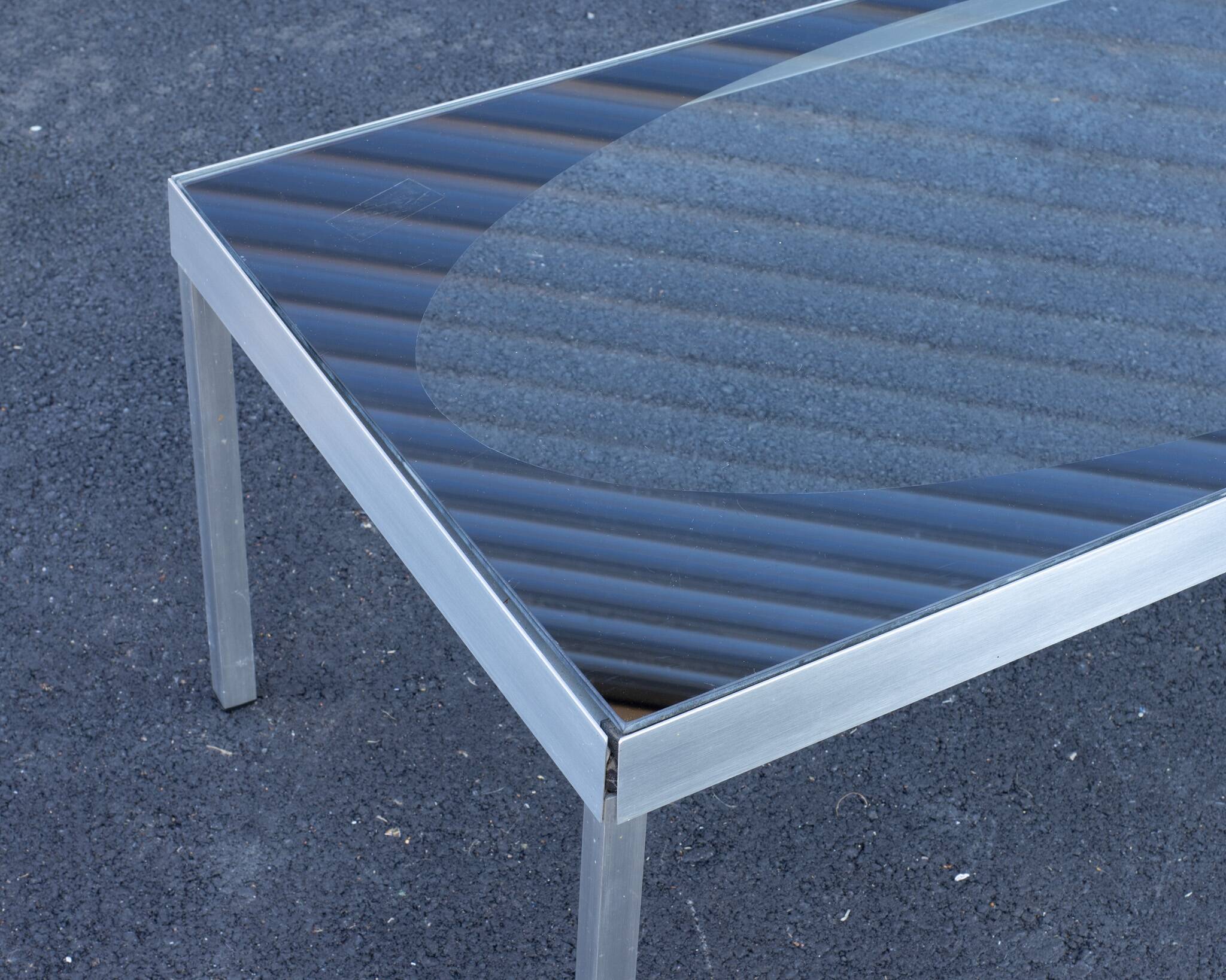 Glass coffee table with brushed aluminum legs, 1970