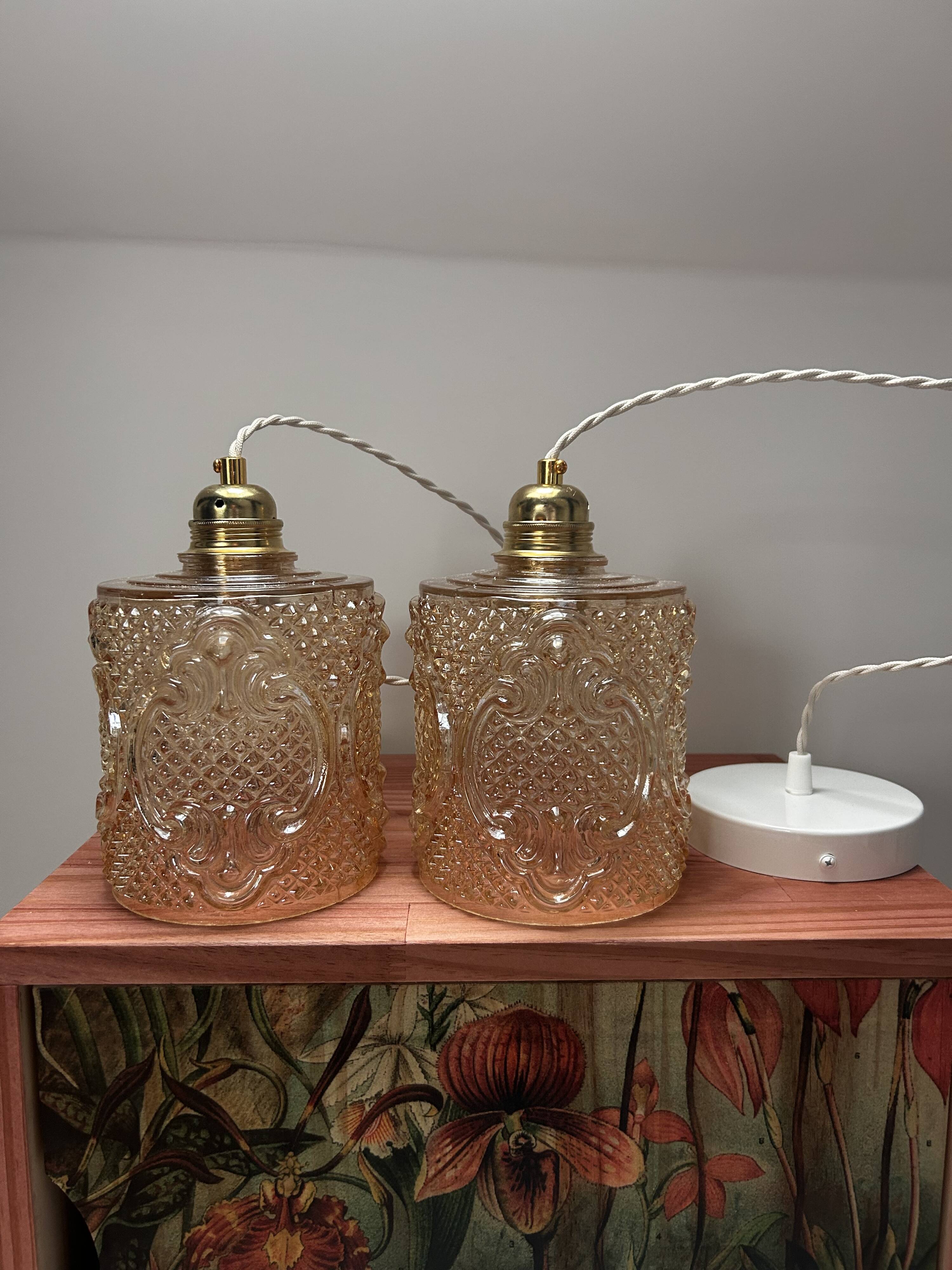 Set of two vintage amber glass pendant lights