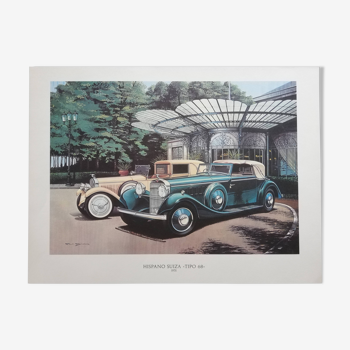 Lithographie voiture ancienne Hispano Suiza