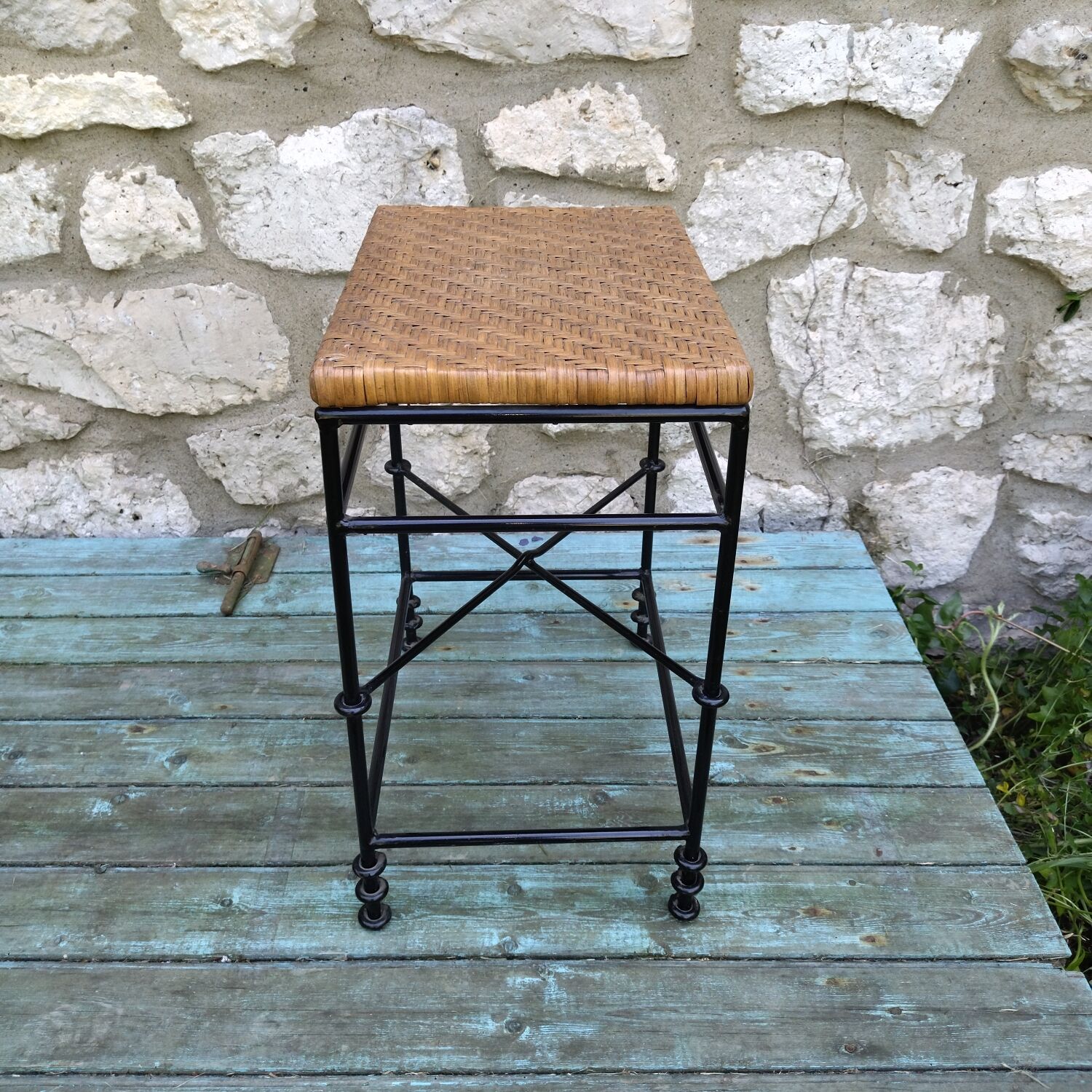 Bout de canapé tabouret rotin fer forgé années 50